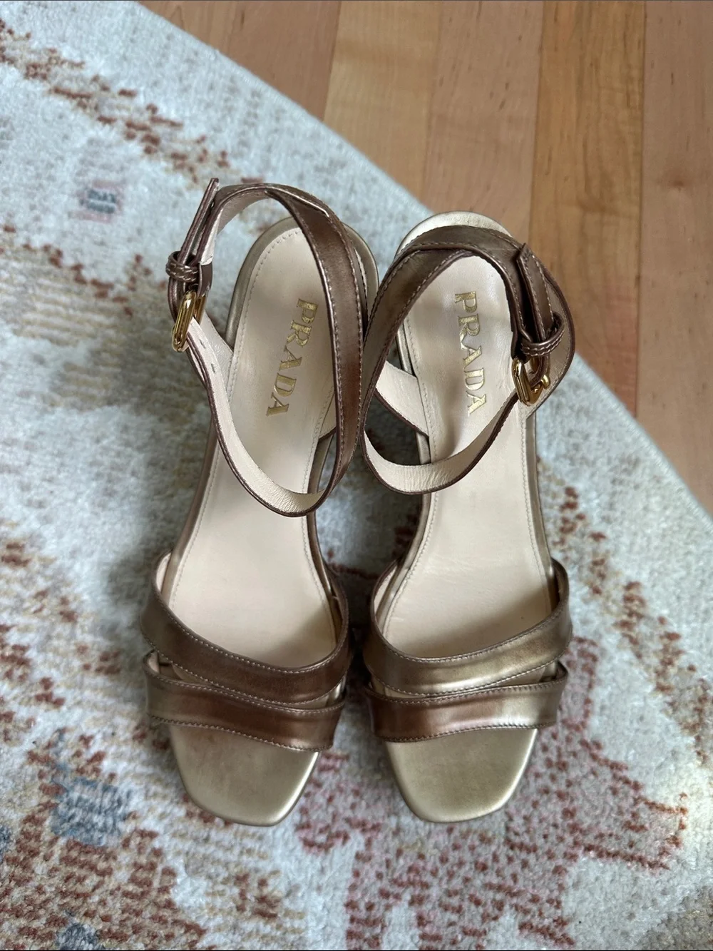 Prada Bronze Metallic Wedge Sandals with Ankle Strap